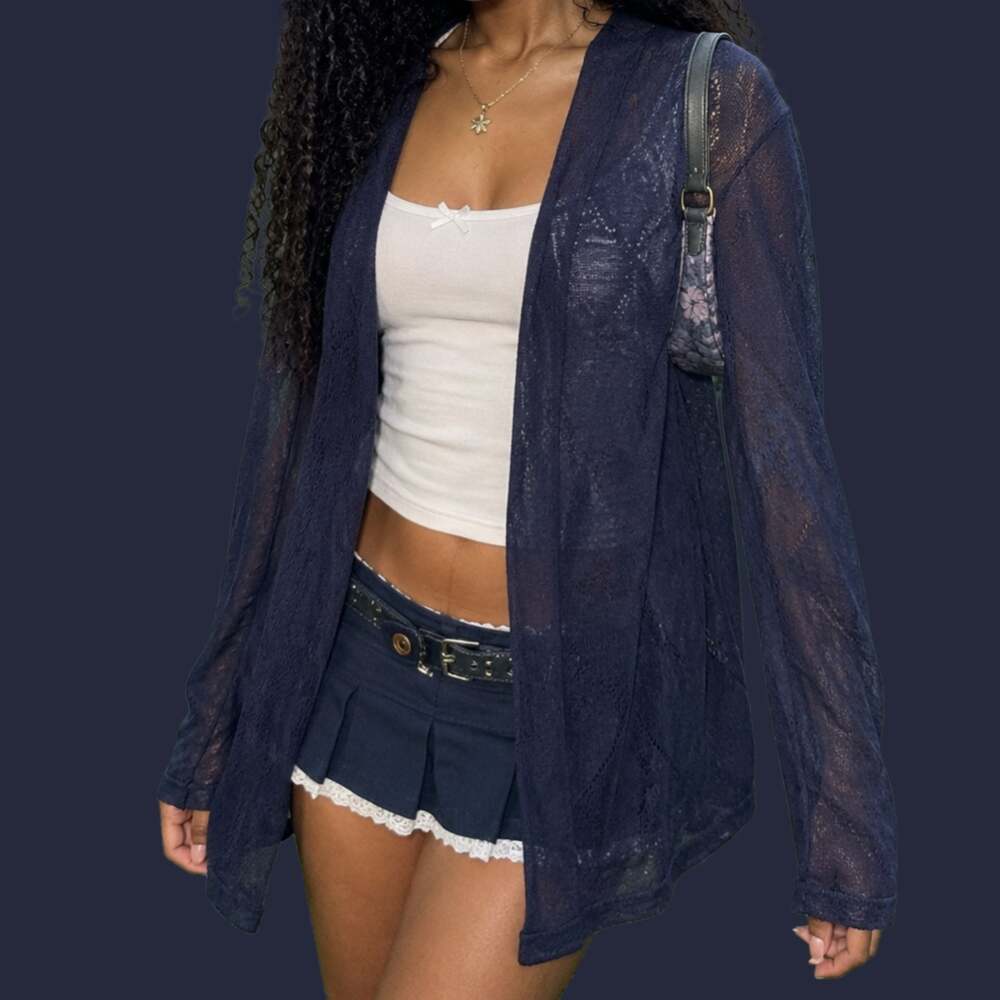 Allison Daley Navy Blue Sheer Knit Open Front Cardigan